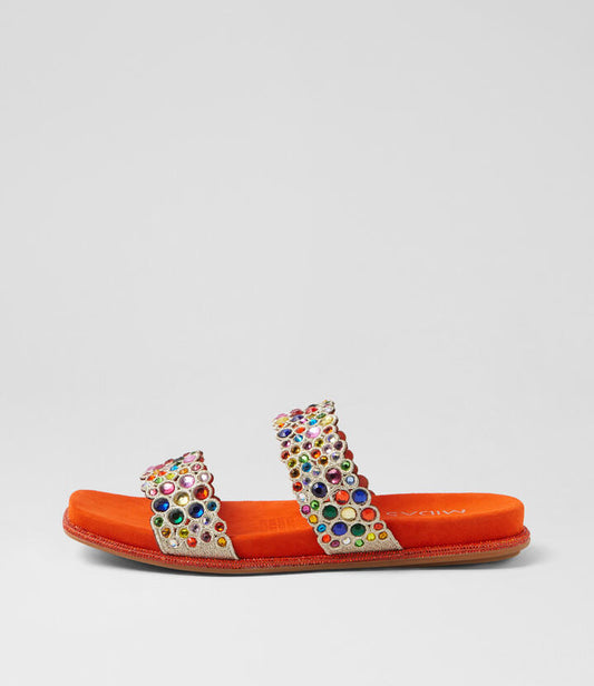 Image of Slippers. Productname: Yenner Bright Orange Gold Multi Slides in BRIGHT ORANGE-GOLD colour by brand - MIDAS