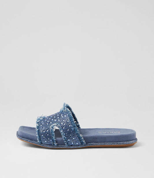 Image of Slippers. Productname: Yadu Dark Denim Blue Fabric Jewels Slides in DK DENIM-BLUE colour by brand - MIDAS