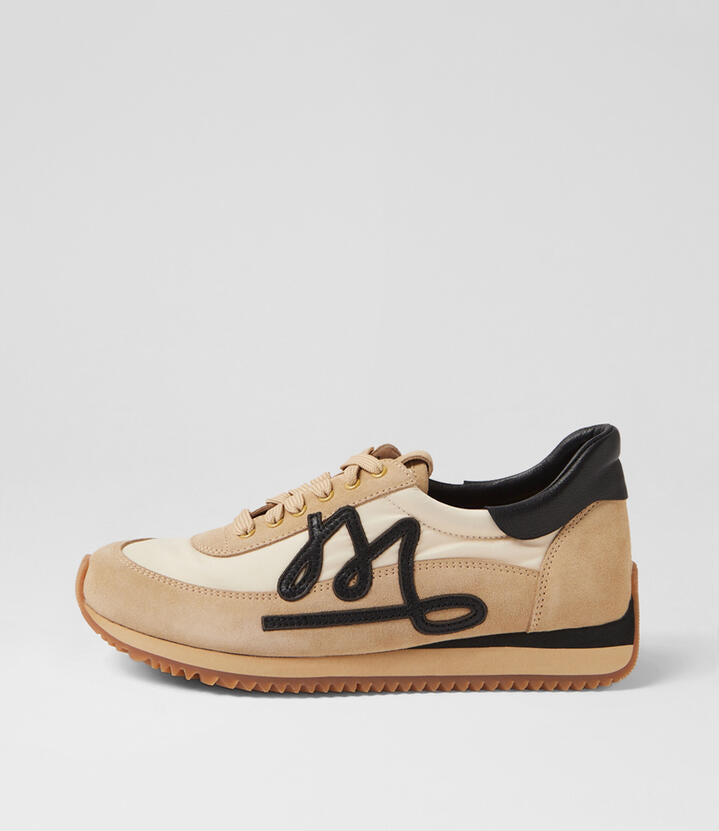 Image of Sneakers. Product name - Mooey Sand Black Leather Sneakers in Sand-Black colour by brand - MIDAS