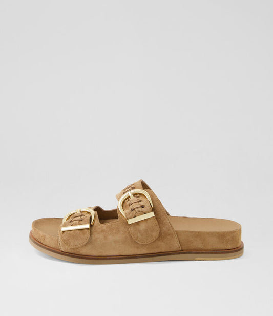 Image of Slippers. Productname: Qalil Light Choc Suede Slides in LT CHOC colour by brand - MIDAS