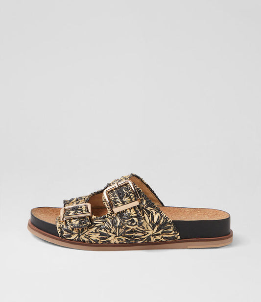 Image of Slippers. Productname: Qarina Black Natural Synthetic Raffia Slides in BLACK&NATURAL colour by brand - MIDAS