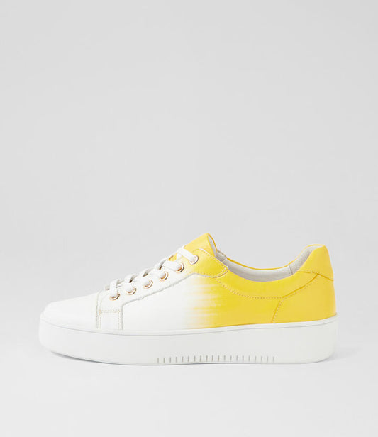 Image of Sneakers. Product name - Lucille White Yellow Leather Sneakers in White-Yellow colour by brand - MIDAS