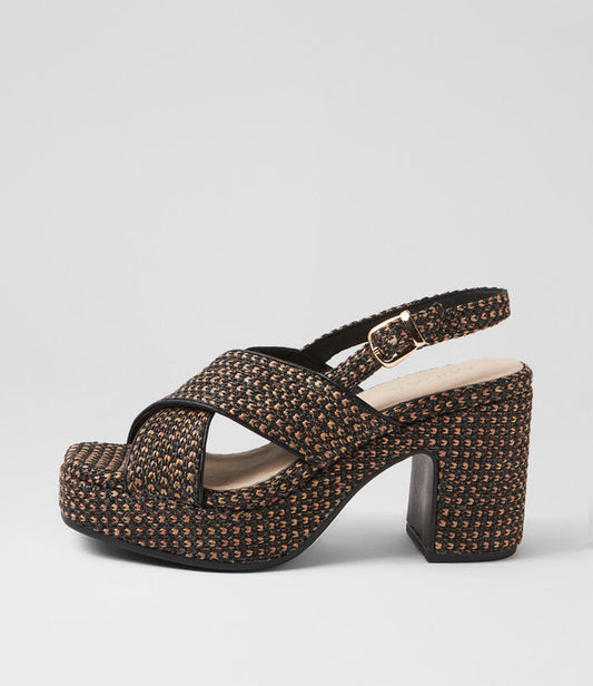 Image of Sandals. Productname: Kenzie Black Tan Synthetic Raffia Sandals in BLACK&TAN colour by brand - MIDAS