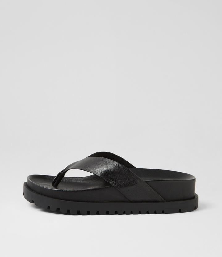 Image of Slippers. Productname: Ubee Black Leather Slides in BLACK-BLACK SOLE colour by brand - MIDAS