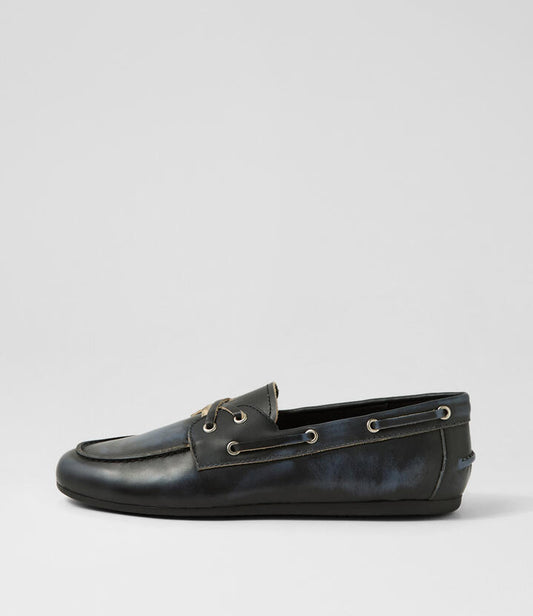 Image of Flats. Productname: Jerae Black Rub Leather Loafers in BLACK colour by brand - MOLLINI