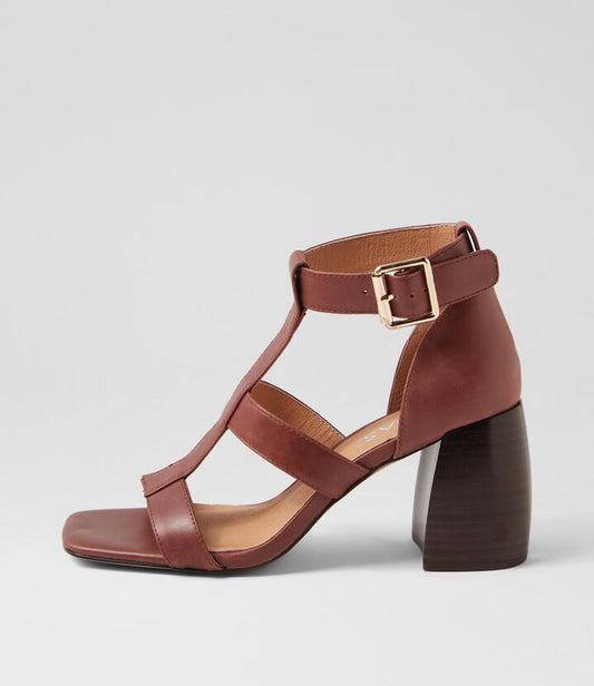 Image of Sandals. Productname: Tibby Walnut Dark Brown Leather Sandals in WALNUT-DK BROWN HEEL colour by brand - MIDAS