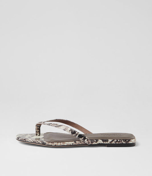 Image of Sandals. Productname: Reille Black Taupe Snake Leather Thongs in BLACK&TAUPE colour by brand - MOLLINI