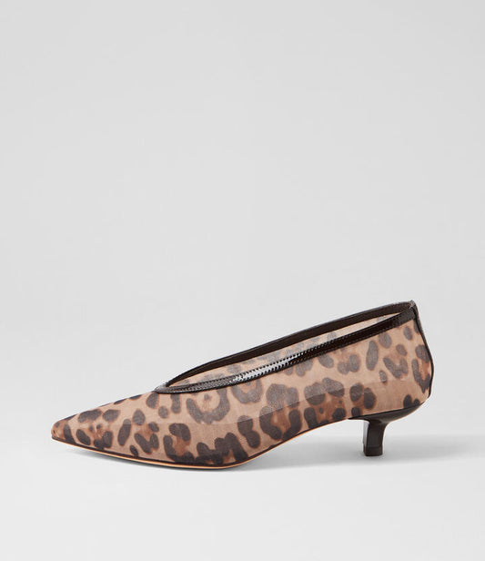 Image of Heels. Productname: Cippesh Choc Leopard Patent Mesh Pump Heels in Choc-Choc Leopard colour by brand - MOLLINI