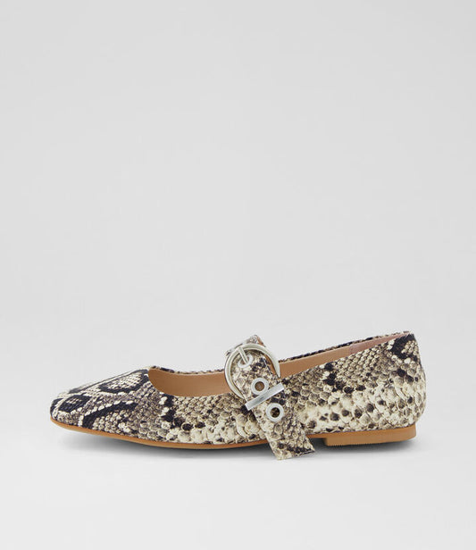 Image of Shoes. Product name - Taimer Cream Black Snake Leather Ballet Flats in Cream&Black colour by brand - MOLLINI