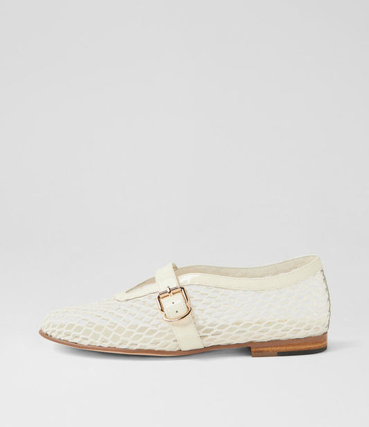 Image of Footwear. Productname: Walaa Ivory Patent Fabric Flat Shoes in IVORY-IVORY PATENT colour by brand - MIDAS