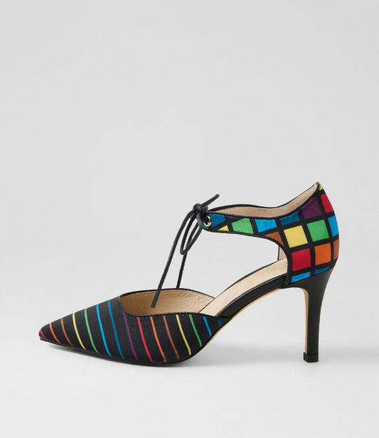 Image of Heels. Productname: Betina Black Bright Multi Fabric Heels in BLACK&BRIGHT MULTI colour by brand - MIDAS