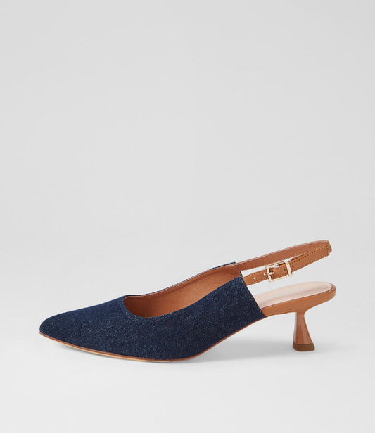 Image of a model wearing Denim. Productname: Valenta Ink Denim Dark Tan Fabric Heels in INK DENIM-DK TAN colour by brand - MIDAS