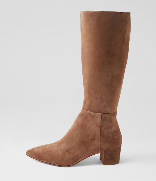 Image of Boots. Productname: Axey Light Choc Suede Knee High Boots in LT CHOC colour by brand - MIDAS