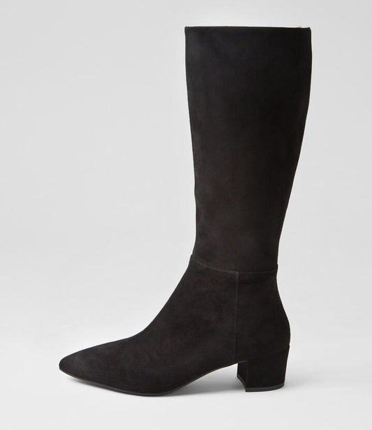 Image of Boots. Productname: Axey Black Suede Knee High Boots in Black colour by brand - MIDAS