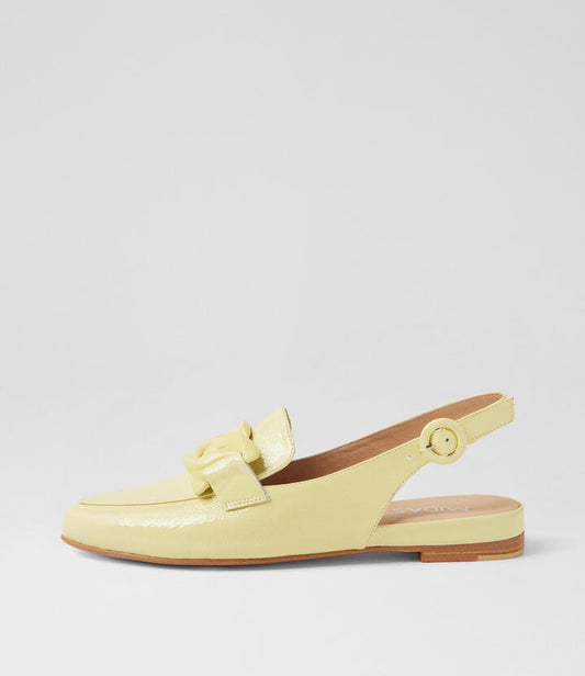Image of Flats. Product name - Favil Lemon Patent Leather Slingbacks in Lemon colour by brand - MIDAS