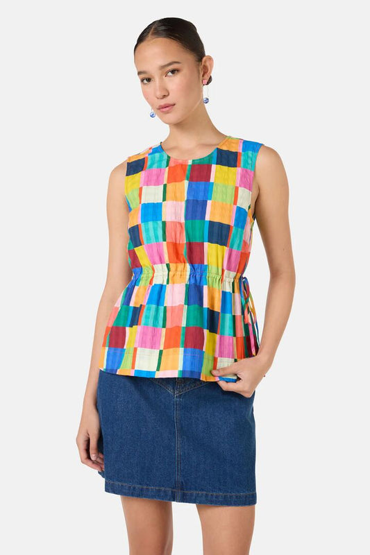 Image of a model wearing Tops. Productname: Jungle Rhapsody Check Tank in Check colour by brand - Gorman