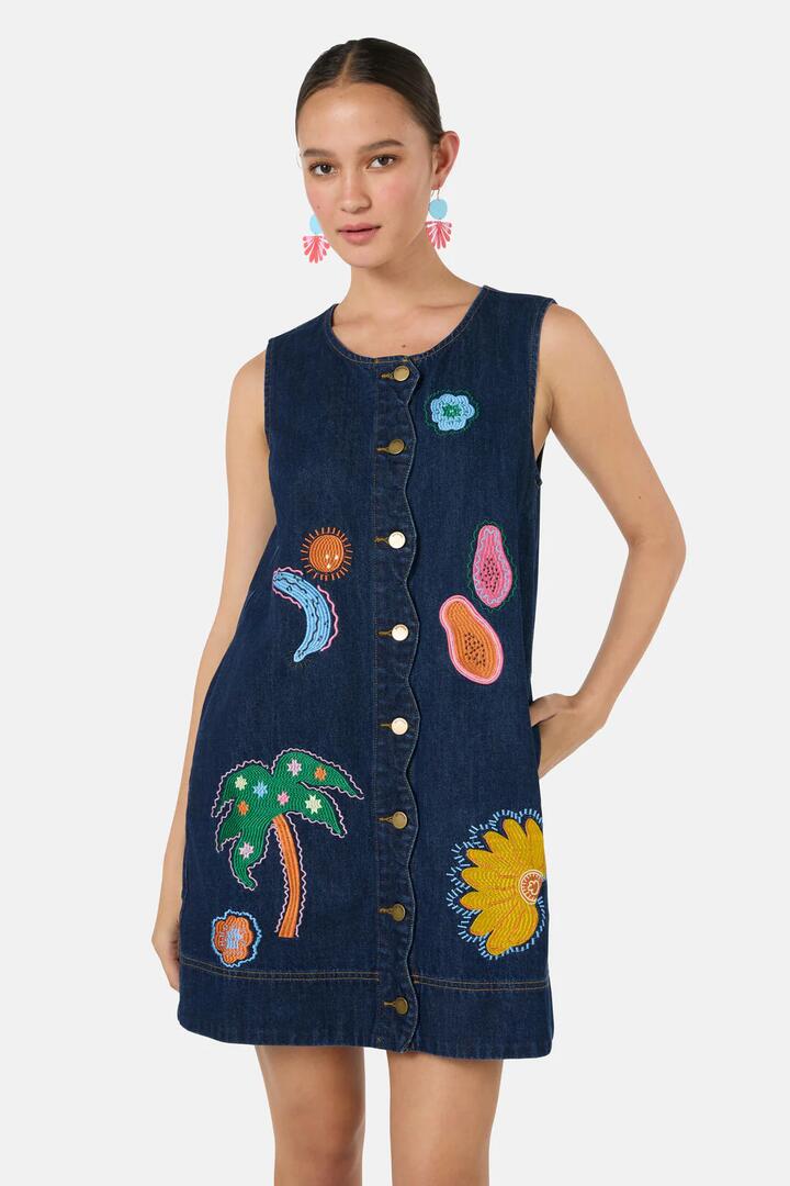 Image of Dresses. Product name - Forest Fruits Denim Pinny Dress in Indigo colour by brand - Gorman
