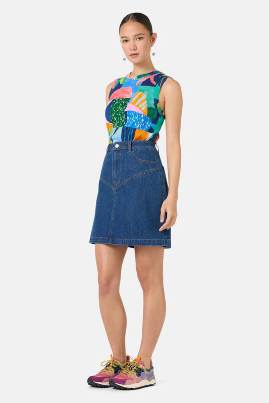 Image of a model wearing Skirts. Productname: Billie Denim Mini Skirt in Mid Blue colour by brand - Gorman