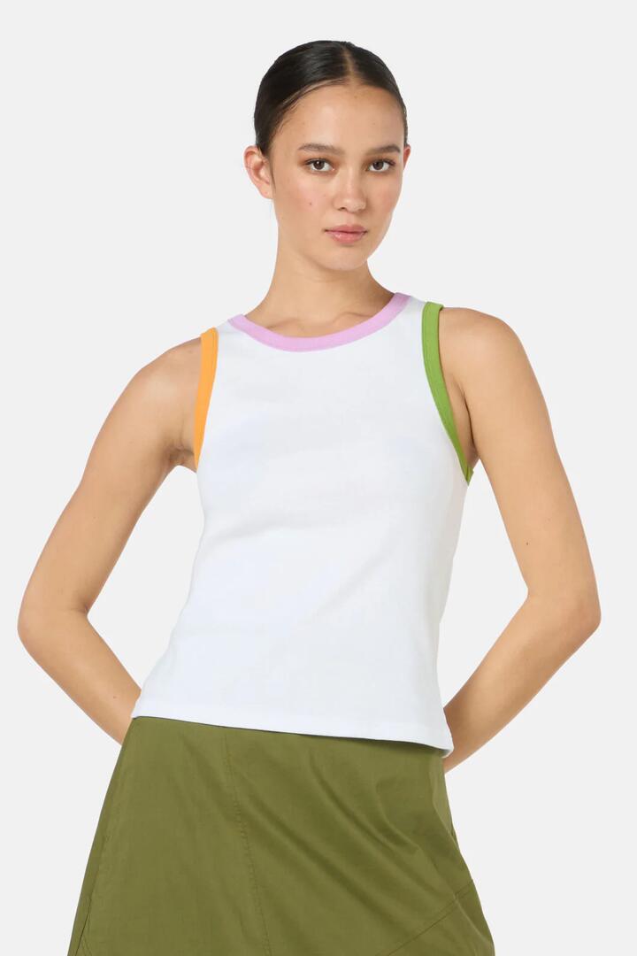Image of a model wearing Tops. Product name - Chloe Contrast Tank in Black colour by brand - Gorman