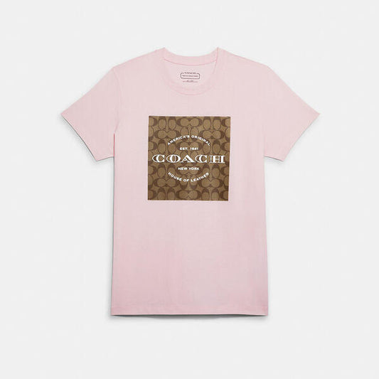 Image of a model wearing Tops. Productname: Signature T-Shirt in LIGHT PINK colour by brand - Coach Outlet Australia