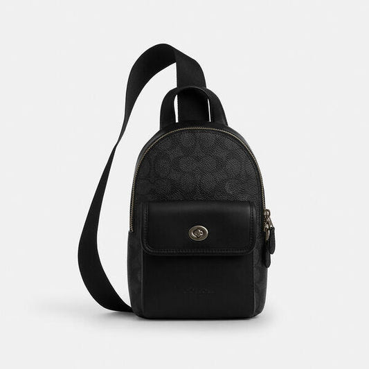 Image of Accessories. Productname: Small Turnlock Sling Pack In Signature Canvas in QB/CHARCOAL/BLACK colour by brand - Coach Outlet Australia