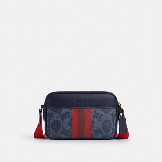 Image of Bags. Productname: Graham Crossbody Bag In Signature Canvas With Varsity Stripe in QB/MIDNIGHT NAVY MULTI colour by brand - Coach Outlet Australia