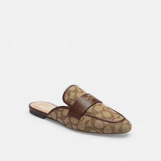 Image of Slippers. Productname: Samie Slide In Signature Jacquard in KHAKI/DARK SADDLE colour by brand - Coach Outlet Australia
