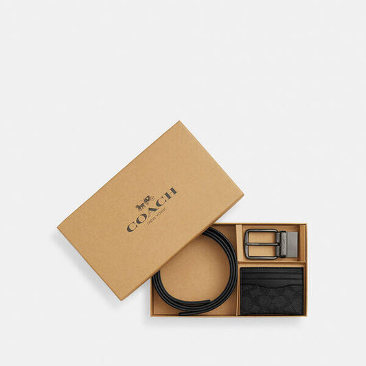 Image of Accessories. Productname: Boxed Card Case And Belt Gift Set In Signature Canvas in QB/CHARCOAL/BLACK colour by brand - Coach Outlet Australia