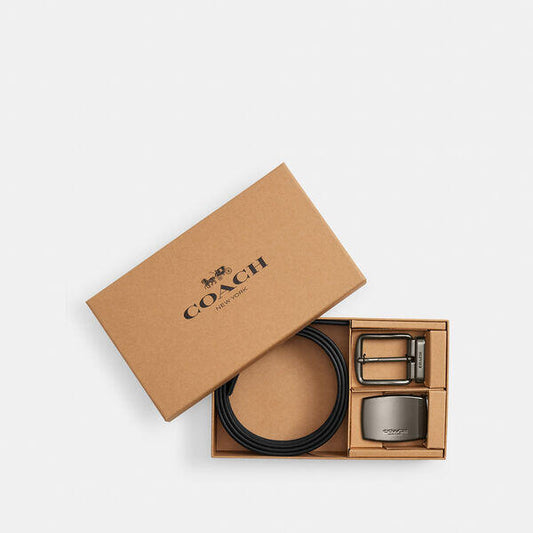 Image of Accessories. Productname: Boxed Plaque And Harness Buckle Cut-To-Size Reversible Belt, 38Mm in QB/CHARCOAL/BLACK colour by brand - Coach Outlet Australia