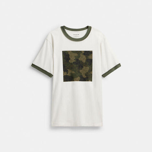 Image of a model wearing Tops. Productname: Camo T-Shirt In Organic Cotton in OFF WHITE colour by brand - Coach Outlet Australia