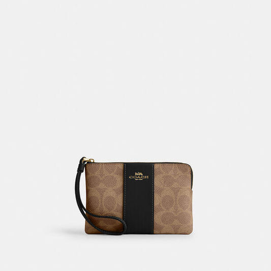 Image of Accessories. Productname: Corner Zip Wristlet In Signature Canvas With Stripe in IM/TAN/BLACK colour by brand - Coach Outlet Australia