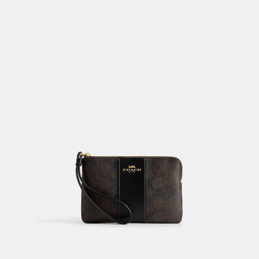 Image of Accessories. Productname: Corner Zip Wristlet In Signature Canvas With Stripe in IM/WALNUT/BLACK colour by brand - Coach Outlet Australia