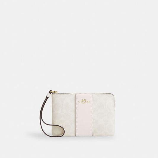 Image of Accessories. Productname: Corner Zip Wristlet In Signature Canvas With Stripe in IM/WHITE/CHALK colour by brand - Coach Outlet Australia