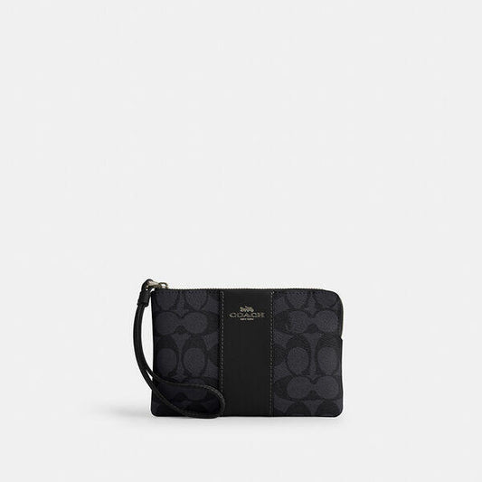 Image of Accessories. Productname: Corner Zip Wristlet In Signature Canvas With Stripe in QB/CHARCOAL/BLACK colour by brand - Coach Outlet Australia