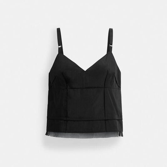 Image of a model wearing Tops. Productname: Taffeta Top in BLACK colour by brand - Coach Outlet Australia