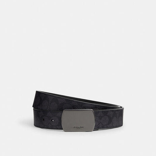 Image of Accessories. Productname: Plaque Buckle Cut-To-Size Reversible Belt, 38Mm in QB/CHARCOAL/BLACK colour by brand - Coach Outlet Australia