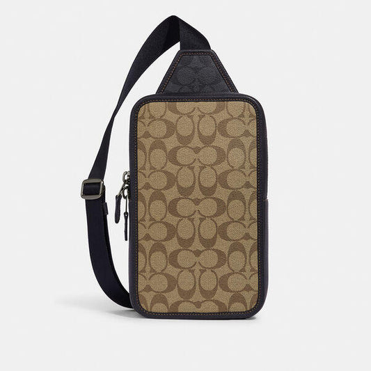 Image of Accessories. Productname: Sullivan Pack In Blocked Signature Canvas in KHAKI/CHARCOAL colour by brand - Coach Outlet Australia