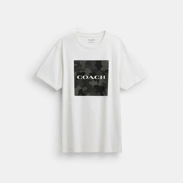 Image of a model wearing Tops. Productname: Camo Classic T-Shirt In Organic Cotton in VINTAGE IVORY colour by brand - Coach Outlet Australia