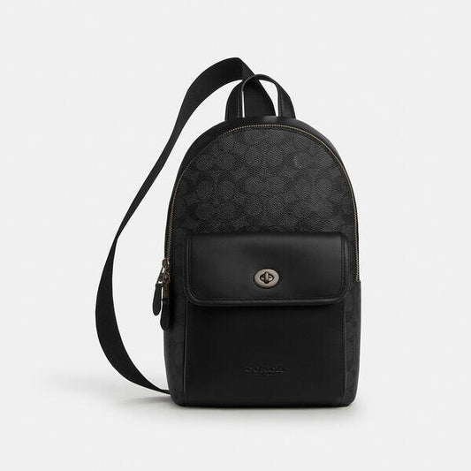 Image of Accessories. Productname: Turnlock Sling Pack In Signature Canvas in QB/CHARCOAL/BLACK colour by brand - Coach Outlet Australia