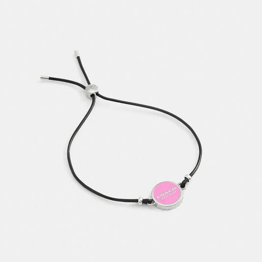 Image of Bracelets. Productname: Enamel Bottle Cap Black Leather Bracelet in SILVER/PINK colour by brand - Coach Outlet Australia