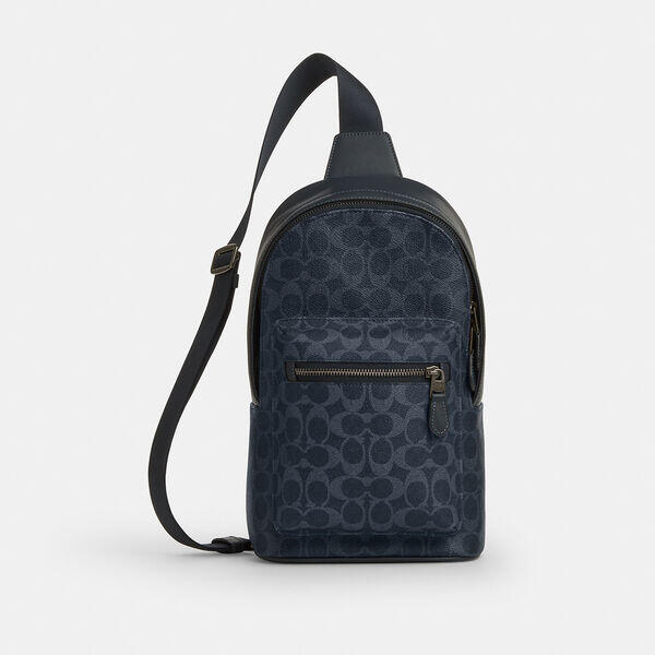 Image of Accessories. Productname: West Pack In Blocked Signature Canvas in DENIM/LIGHT DENIM colour by brand - Coach Outlet Australia