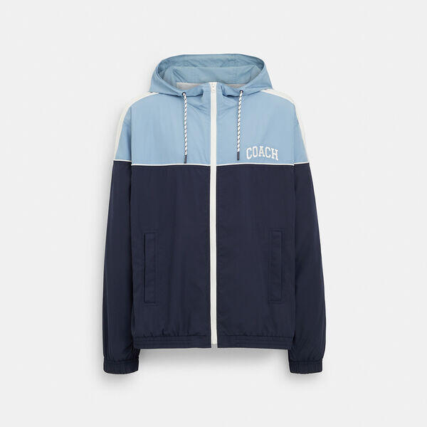 Image of a model wearing Outerwear. Productname: Colorblock Windbreaker in BLUE MULTI colour by brand - Coach Outlet Australia