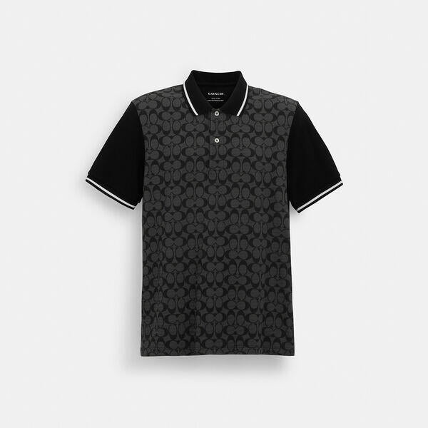 Image of a model wearing Tops. Productname: Signature Polo in CHARCOAL SIGNATURE colour by brand - Coach Outlet Australia