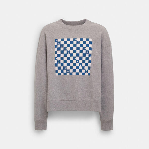 Image of a model wearing Outerwear. Productname: Checkerboard Crewneck Sweatshirt in HEATHER GREY colour by brand - Coach Outlet Australia