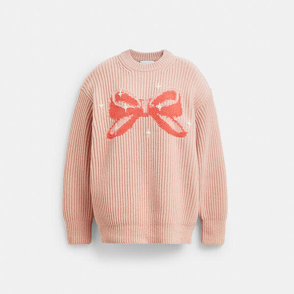 Image of a model wearing Outerwear. Productname: Crewneck Bow Sweater In Recycled Wool in PINK colour by brand - Coach Outlet Australia