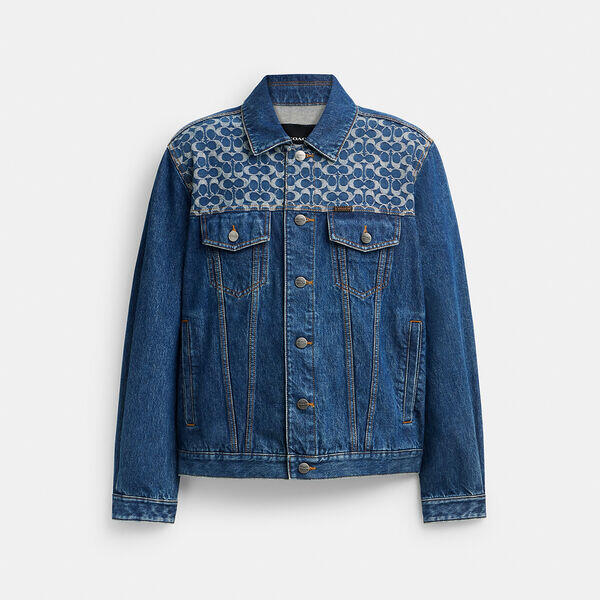 Image of a model wearing Denim. Productname: Denim Trucker in DARK WASH colour by brand - Coach Outlet Australia