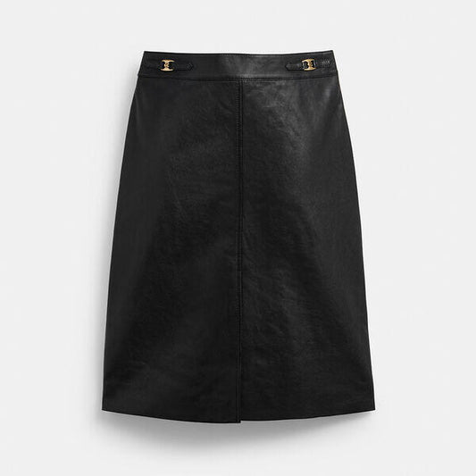 Image of a model wearing Skirts. Productname: Heritage C Leather Skirt in BLACK colour by brand - Coach Outlet Australia