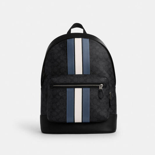 Image of Bags. Productname: West Backpack In Signature Canvas With Varsity Stripe in QB/CHARCOAL/DENIM/CHALK colour by brand - Coach Outlet Australia