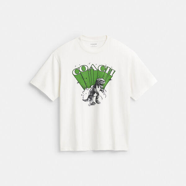 Image of a model wearing Tops. Productname: Dinosaur T-shirt in IVORY colour by brand - Coach Outlet Australia
