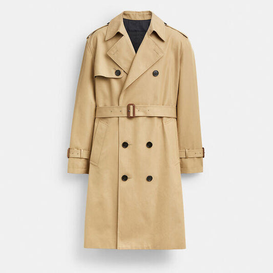 Image of a model wearing Outerwear. Productname: Relaxed Trench Coat in KHAKI colour by brand - Coach Outlet Australia